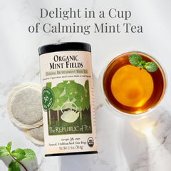 The Republic of Tea Mint Fields steeping setup for a calming hot cup.