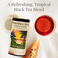 The Republic of Tea papaya fruit flavored black tea closeup highlights natural flavors.