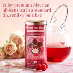 Deep crimson cup of Raspberry Rose Hibiscus with bright aroma.