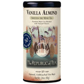 The Republic of Tea Vanilla Almond Black Tea tin front view showing rich vanilla aroma.