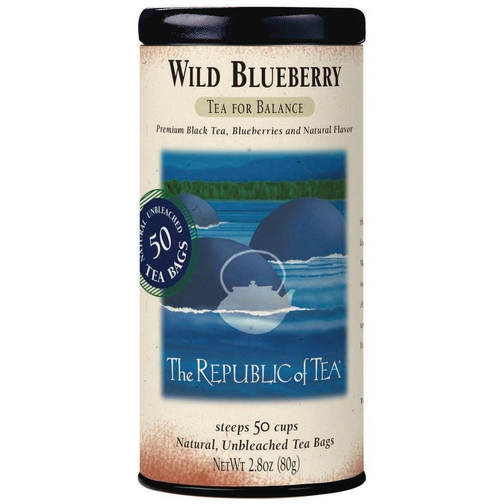 The Republic of Tea Wild Blueberry tea tin shows branding and rich blueberry aroma