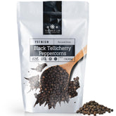 The Spice Lab Black Tellicherry peppercorns in a resealable bag for lasting freshness.