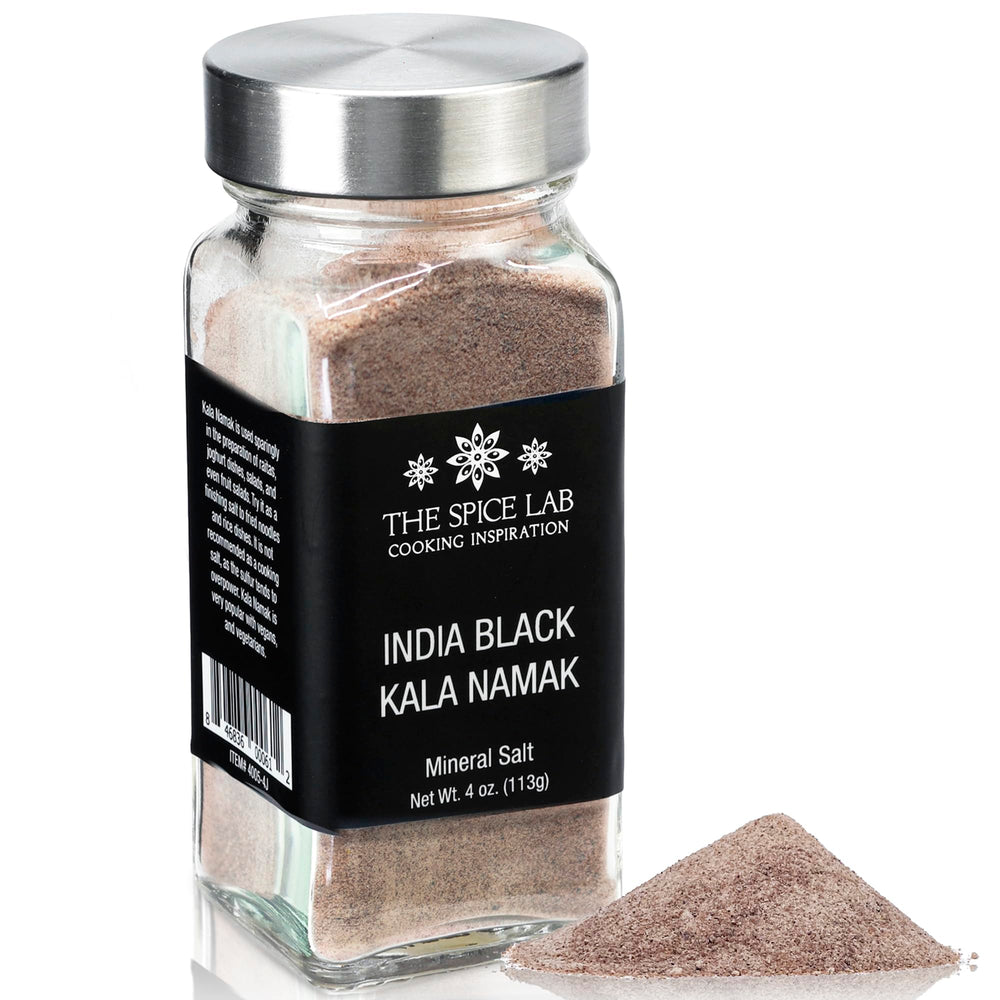 The Spice Lab Kala Namak Black Salt jar enhances vegan dishes with a natural egg-like aroma.