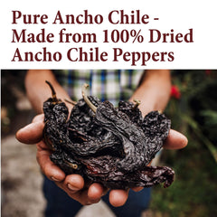 The Spice Way ancho chile powder packaging highlights 100% pure pepper flavor.