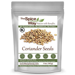 The Spice Way coriander seeds jar closeup for fresh, aromatic flavor in meals.