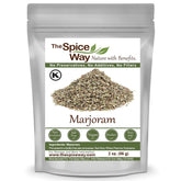 The Spice Way Marjoram Leaves pack shows premium dried herb for soups and pasta.