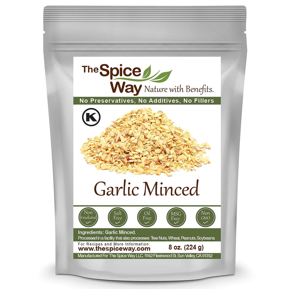 The Spice Way minced garlic US grown 8 oz for easy seasoning.