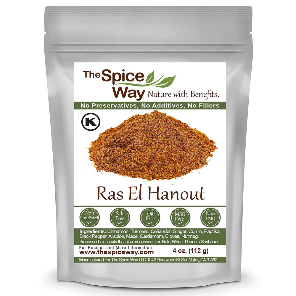 The Spice Way Ras El Hanout spice blend jar highlights premium ingredients for flavorful meat dishes.