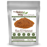 The Spice Way Ras El Hanout spice blend jar highlights premium ingredients for flavorful meat dishes.