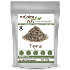The Spice Way Thyme Leaves bag closeup for versatile poultry and vegetables