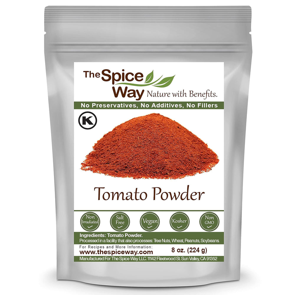 The Spice Way Tomato Powder packaging shows a premium, preservative-free pantry staple.