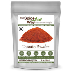 The Spice Way Tomato Powder packaging shows a premium, preservative-free pantry staple.