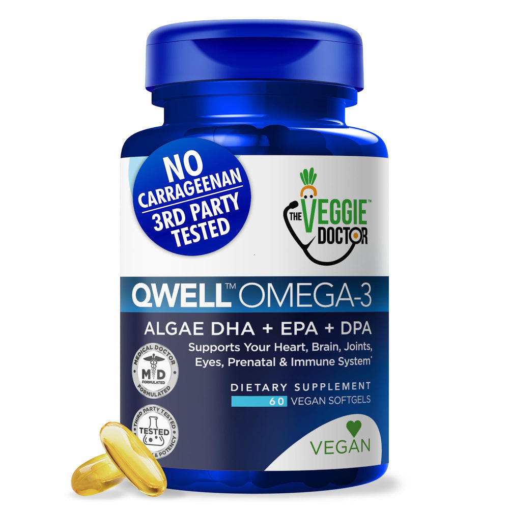 The Veggie Doctor vegan omega-3 algae-oil bottle for daily plant-based nutrition.