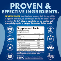Close-up of The Veggie Doctor omega-3 capsules showing burp-free, algae origin.