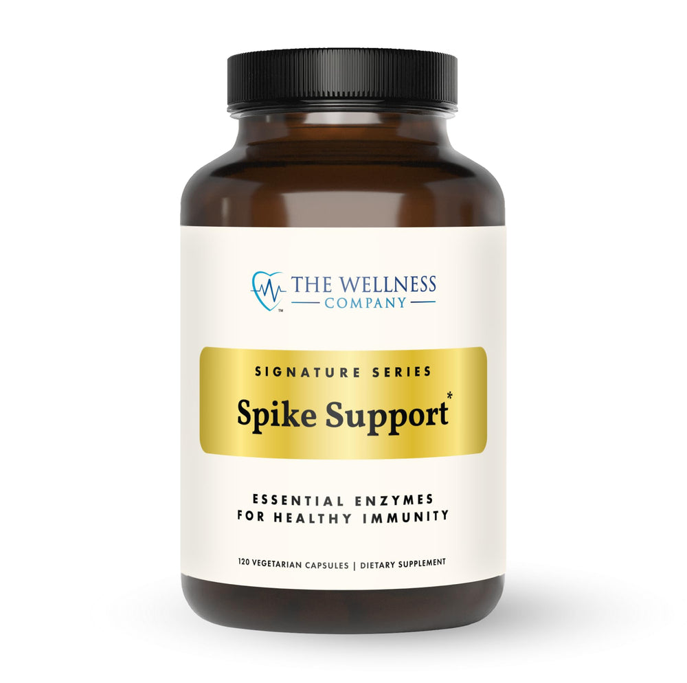 The Wellness Company Spike Support bottle showing capsules for immune and circulation support.