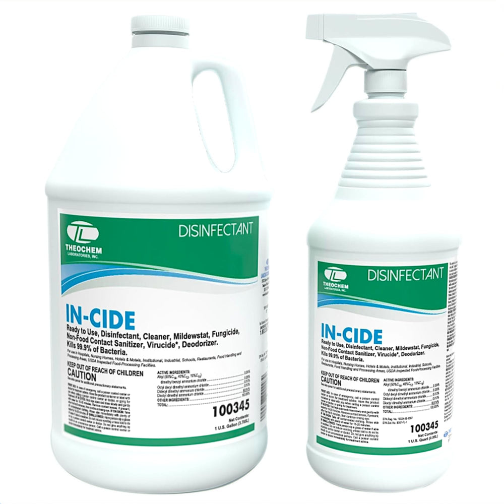 Theochem In-Cide disinfectant spray bottle for versatile home cleaning.