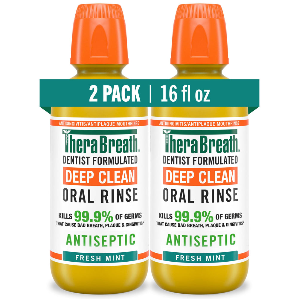Bottle of TheraBreath Deep Clean Mouthwash with alcohol-free antiseptic formula for fresh breath.