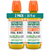 Bottle of TheraBreath Deep Clean Mouthwash with alcohol-free antiseptic formula for fresh breath.