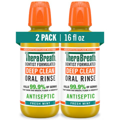 Bottle of TheraBreath Deep Clean Mouthwash with alcohol-free antiseptic formula for fresh breath.