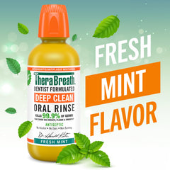 Pouring TheraBreath Deep Clean Mouthwash for a quick breath refresh.