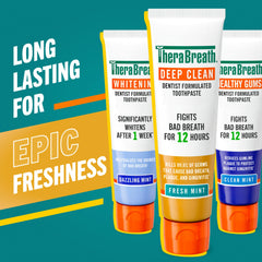 TheraBreath toothpaste tube with minty foam for daily fresh breath.
