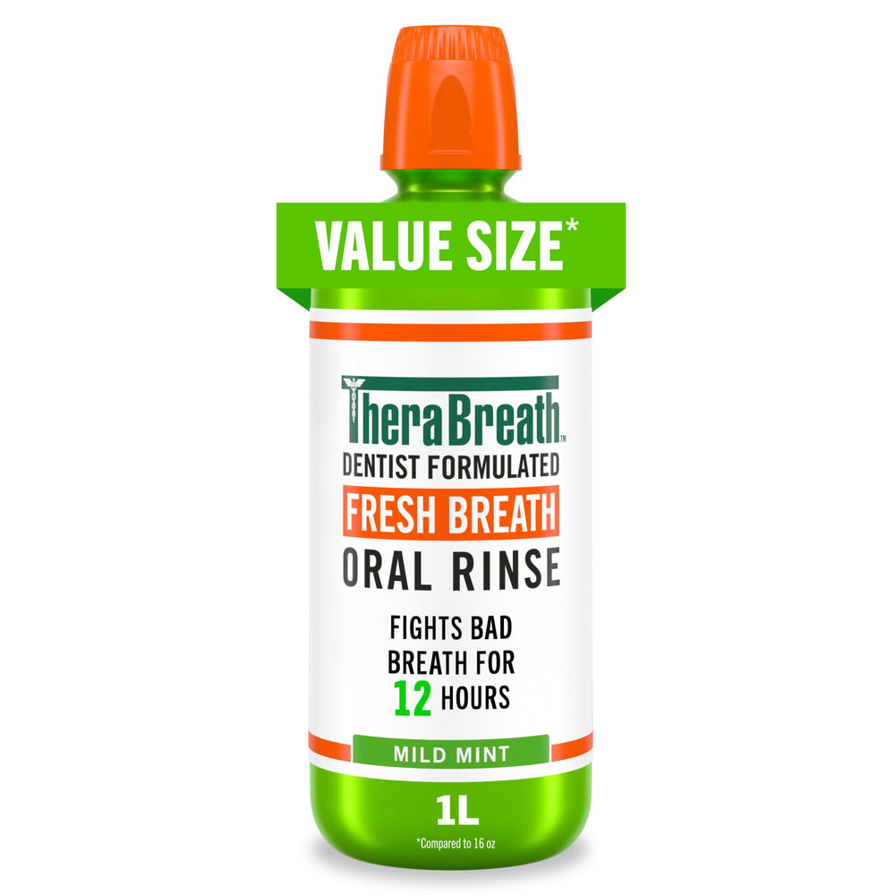 TheraBreath Fresh Breath Mouthwash bottle labeled for long lasting freshness