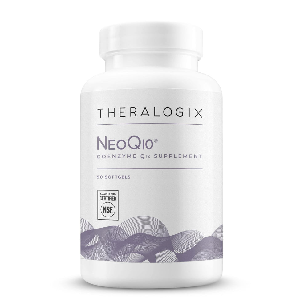 Theralogix NeoQ10 bottle front showing a daily heart health supplement.