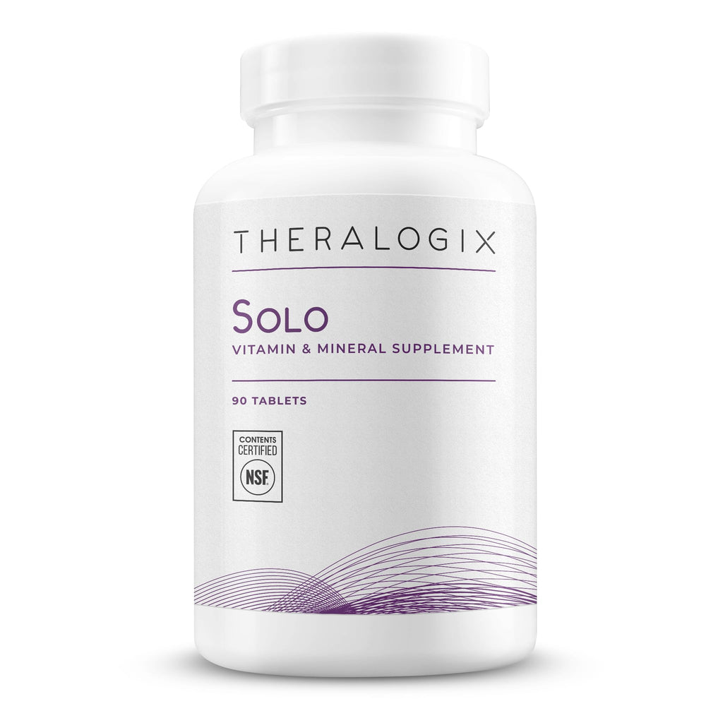 Theralogix Solo multivitamin bottle front shows daily wellness potential.