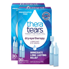 TheraTears Dry Eye Therapy bottle pour showing quick hydration in contact with the eye