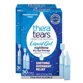 TheraTears Nighttime Drops pack shows preservative-free single-use vials for overnight relief.