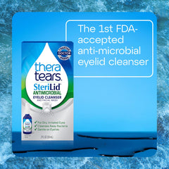 Closeup of TheraTears SteriLid bottle label showing antimicrobial cleansing action