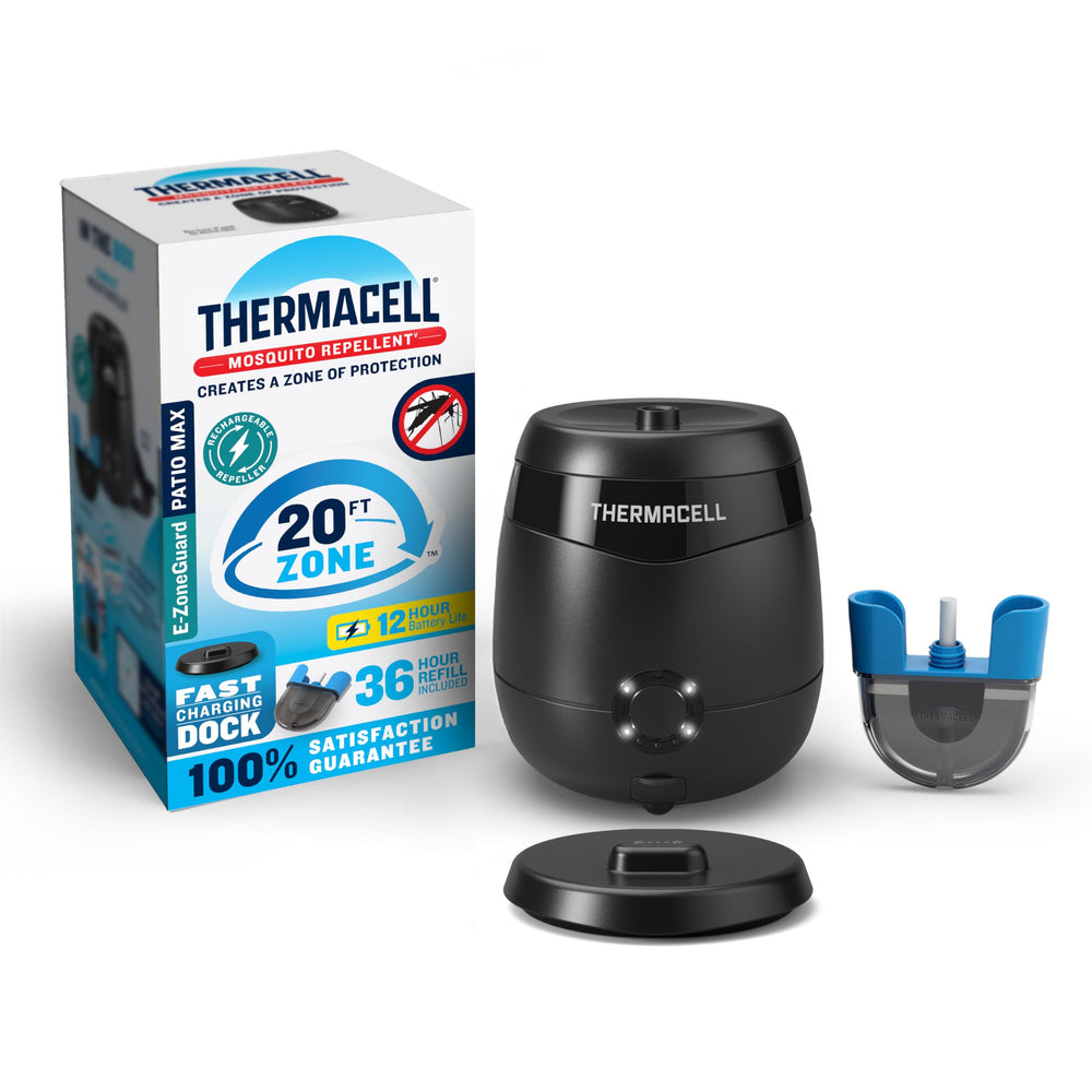 Thermacell E-ZoneGuard Patio Max repeller unit creating a 20-foot protection zone outdoors