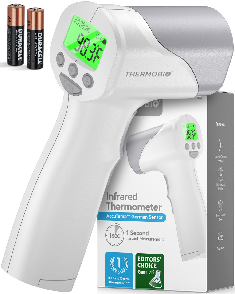 THERMOBIO infrared forehead thermometer front view with quick, contactless readings