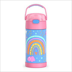 THERMOS FUNTAINER 12oz water bottle keeps drinks cold for hours, ideal for school.