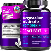 Thinbi Magnesium Glycinate bottle label shows 1160mg per serving for daily support.