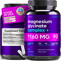 Thinbi Magnesium Glycinate bottle label shows 1160mg per serving for daily support.
