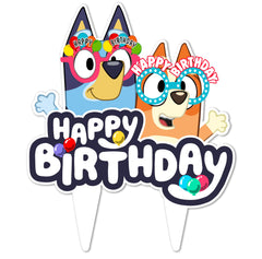 Think Green Fun Blue Dog and Friends cake topper, front view, eco-friendly birthday decor.