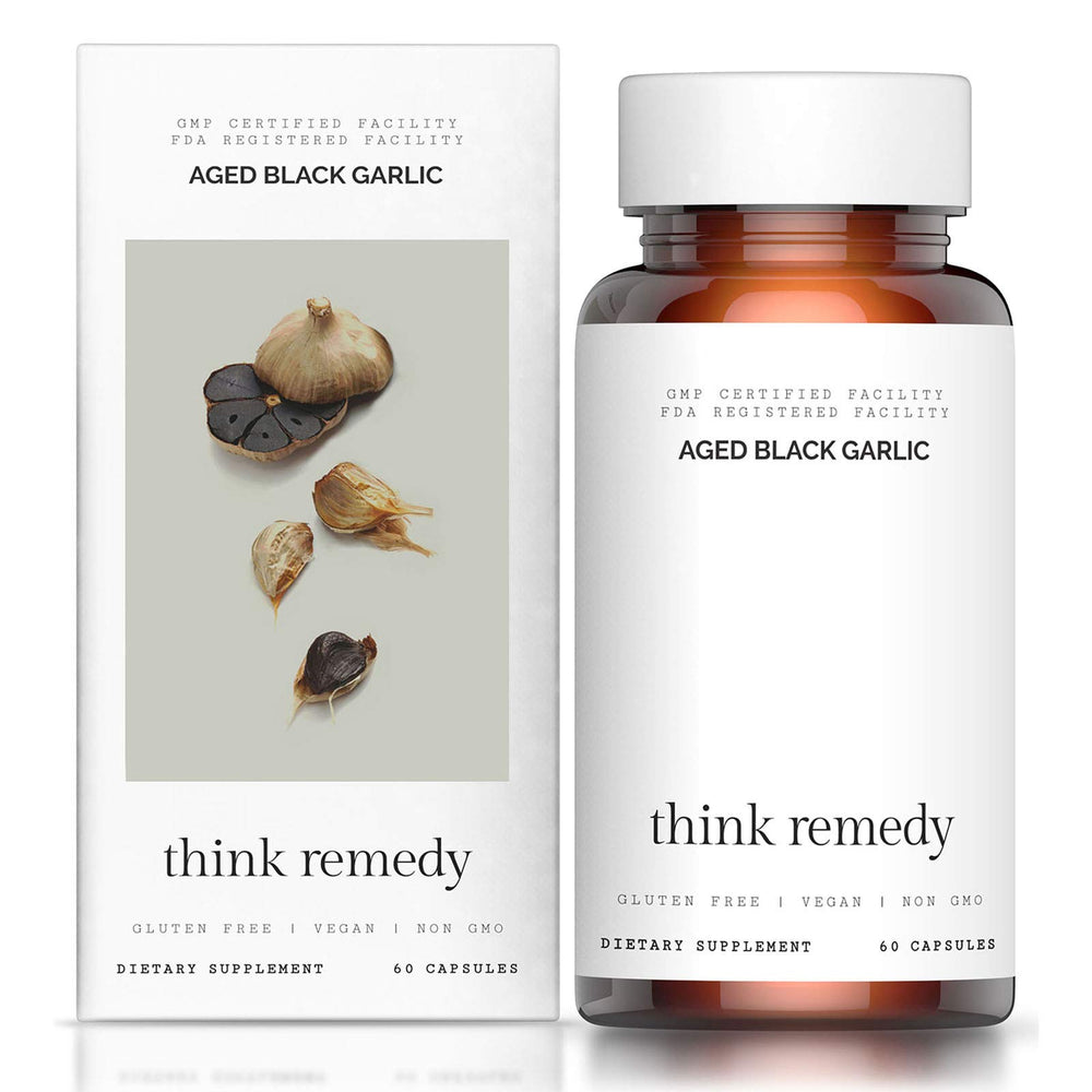 Think Remedy aged black garlic bottle with 60 capsules for daily support.