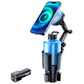 This Hill magnetic cup holder charger clip securely holds a phone while driving.
