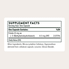 THORNE 5-MTHF bottle label closeup highlighting bioactive folate for methylation support.