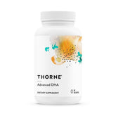 THORNE Advanced DHA bottle label highlights DHA and EPA content for brain and heart support.