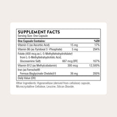 THORNE Advanced Iron Complex bottle close-up shows easy-to-swallow capsules