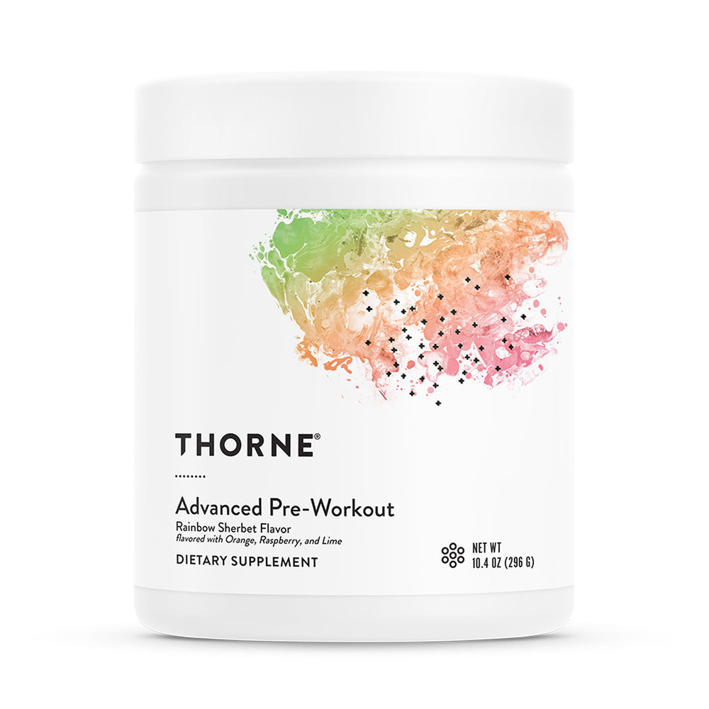 THORNE Advanced Pre-Workout Rainbow Sherbet tub label highlighting focused energy support.