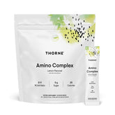 THORNE Amino Complex lemon tub showing lean muscle support with essential amino acids.