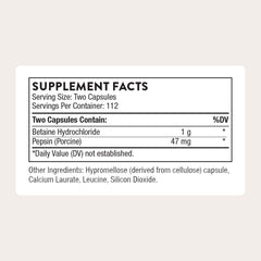 THORNE Betaine HCl & Pepsin label shows gluten-free and dairy-free formulation