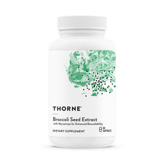 THORNE broccoli seed extract bottle with capsules supporting detox and antioxidant benefits.