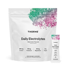 THORNE Daily Electrolytes watermelon stick pack front view for convenient on-the-go hydration.