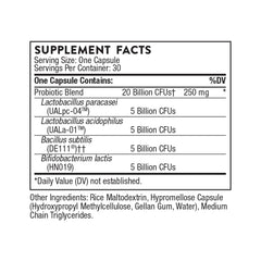 Close-up of THORNE FloraSport 20B capsules showing 20B CFU per dose