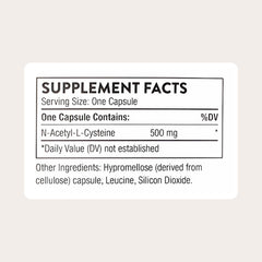 Thorne NAC 500mg bottle back label details ingredients and certification.