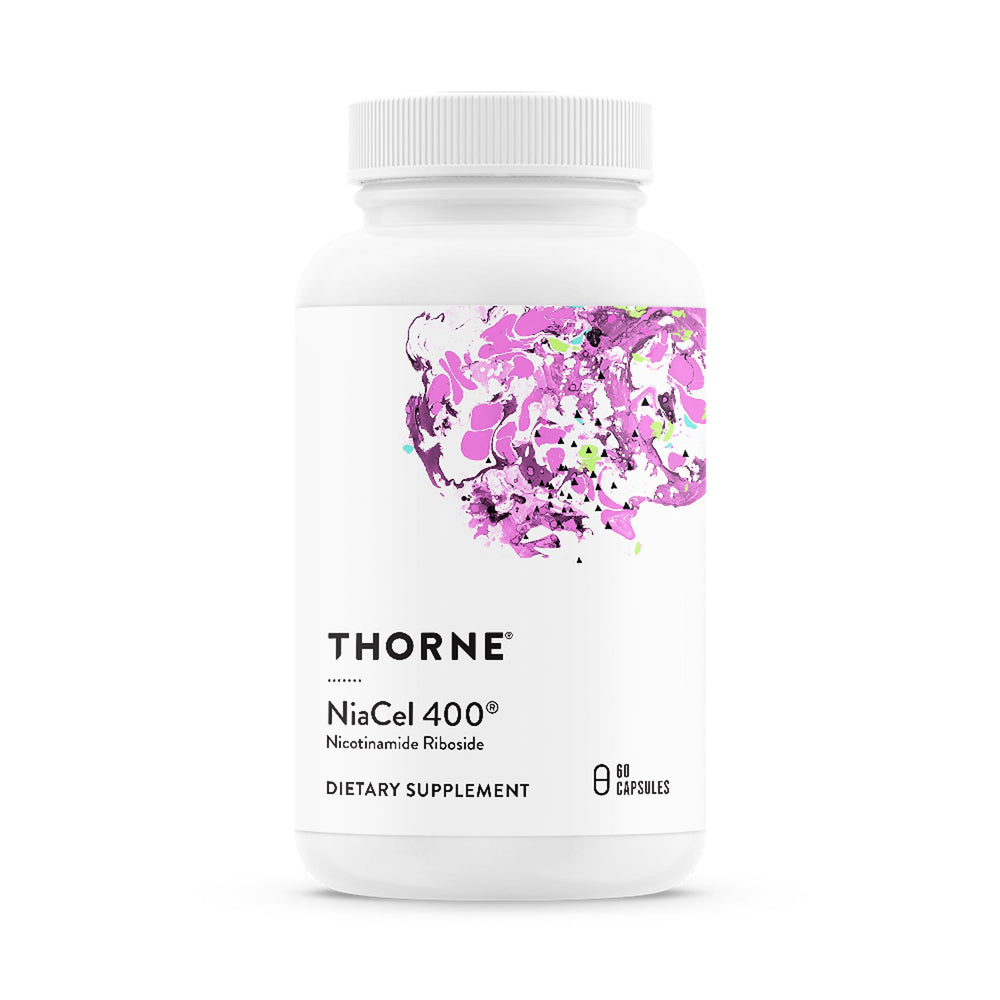 THORNE NiaCel 400 bottle front view highlighting NAD support for daily energy